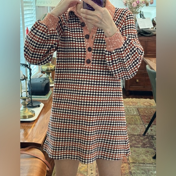 Free People Orange/Purple Chenille Knit Houndstooth Checkered Patterned Dress XS - Picture 4 of 15